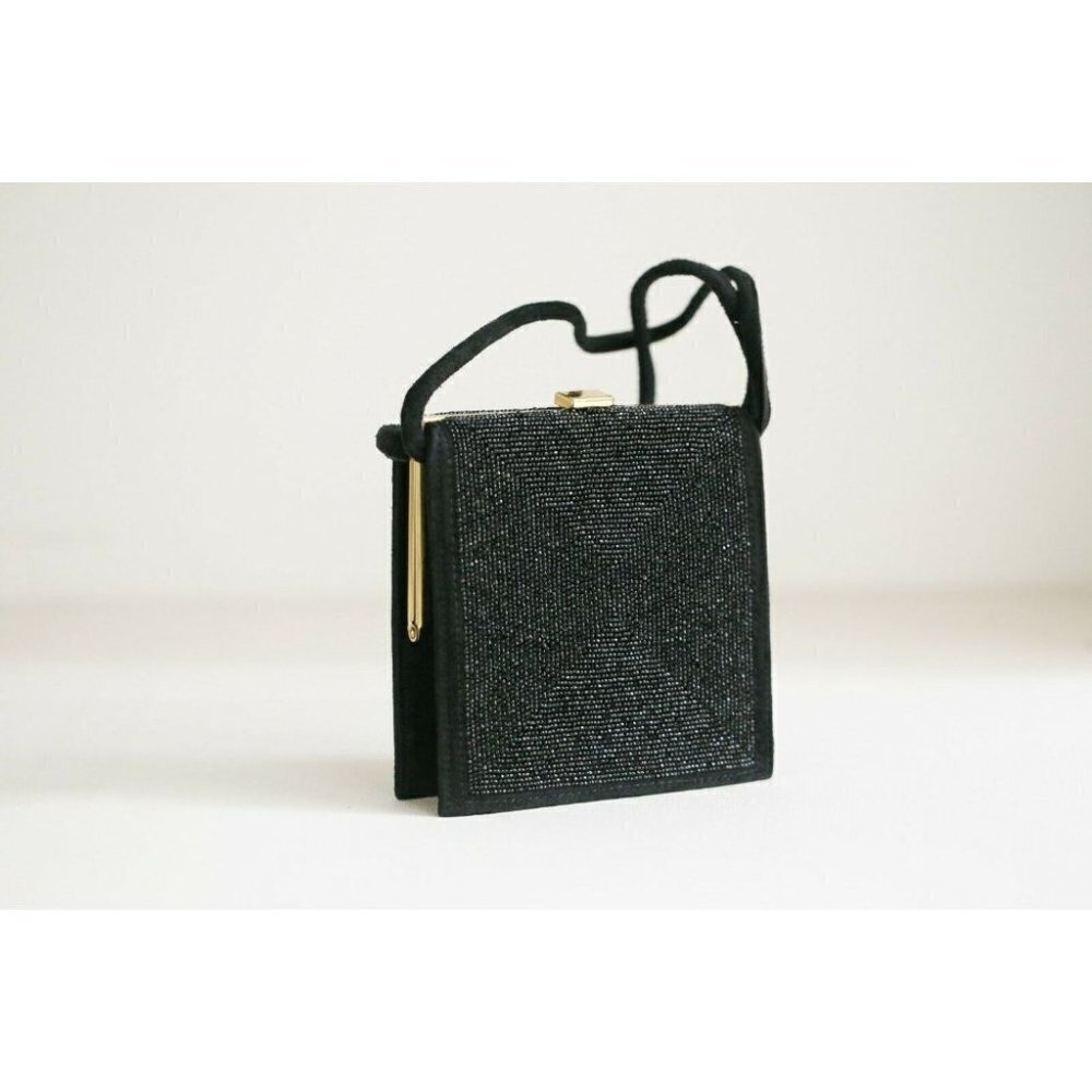 Vintage Black Fully Beaded Geometric Print Small Square  Suede Purse
